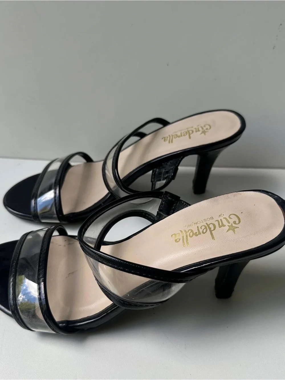 Cinderella of Boston Black Clear Strap Mule Heels Women's Size 4.5
